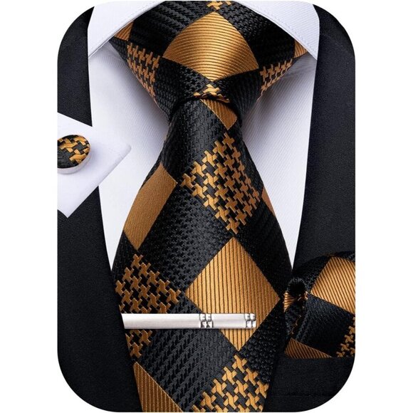 🆕Men Gold Plaid Silk Checkered Necktie Pocket Square Cufflinks Tie Clip Set